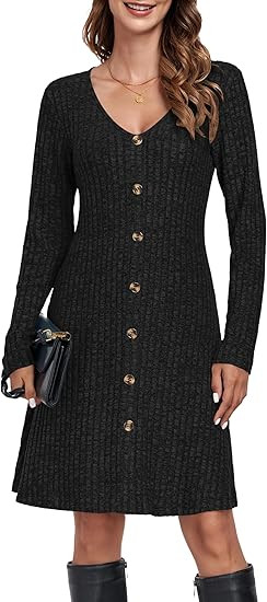 MOLERANI Women V Neck Long Sleeve Fall Dresses 2024 Knee Length Knit Casual Sweater Dress Button ... | Amazon (US)