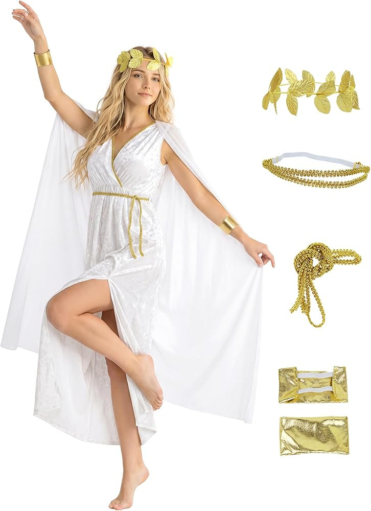 UQJE Womens Greek Toga Costume Set Halloween Cosplay Roman Goddess Grecian Outfit for Women | Amazon (US)