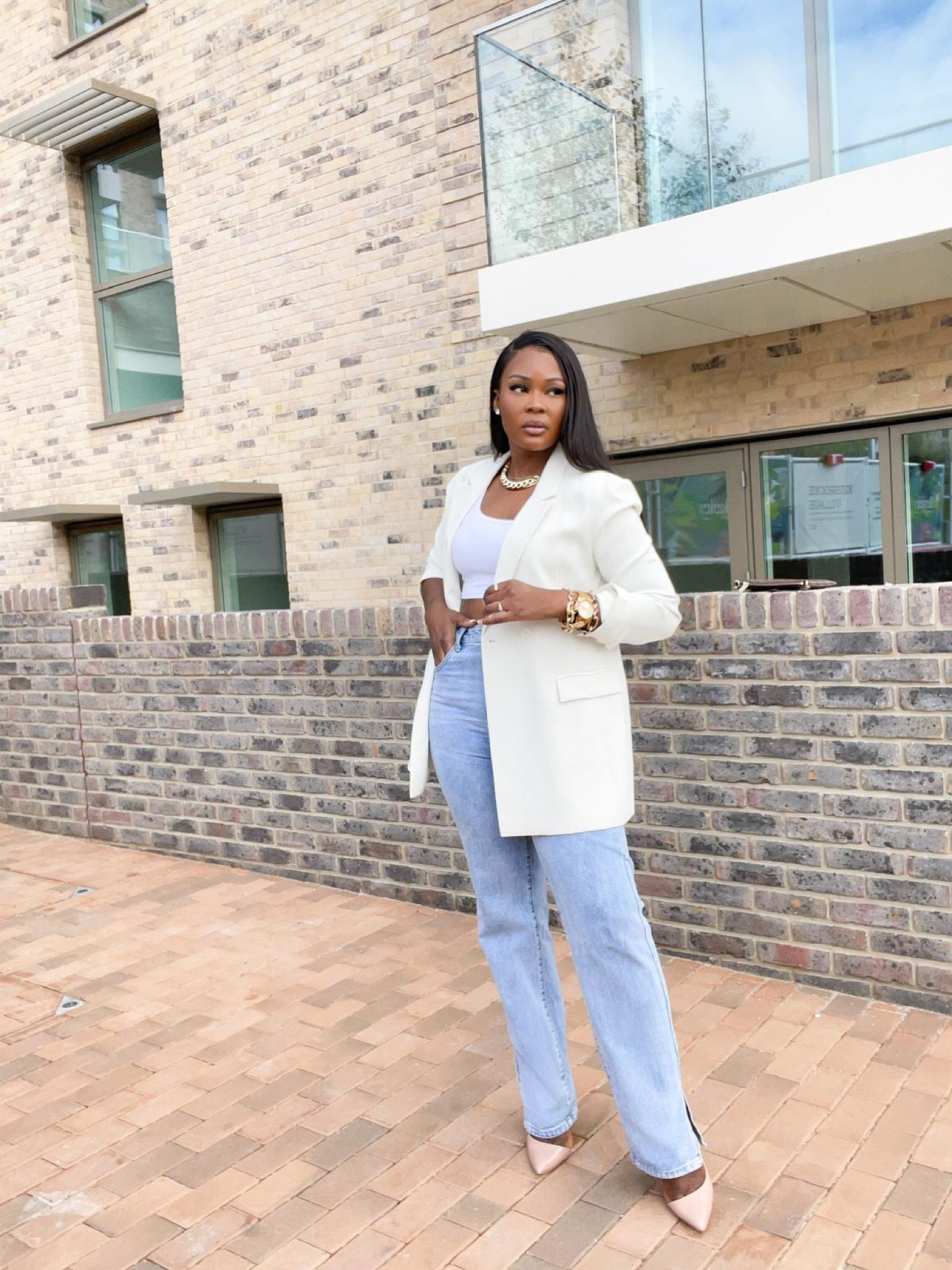 White blazer, white crop top, light blue jeans slip hem, nude heeled pumps, Charles & Keith, asos 

#LTKeurope #LTKstyletip #LTKSeasonal