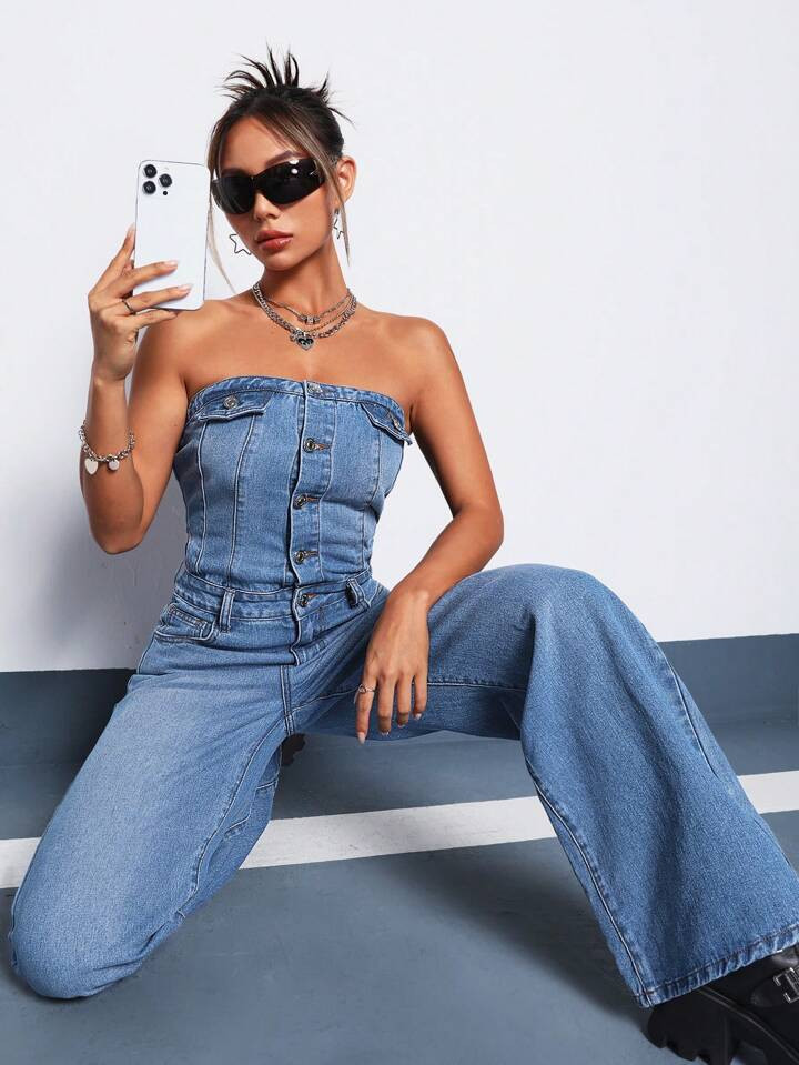 SHEIN ICON Flap Pocket Button Front Tube Denim Jumpsuit | SHEIN