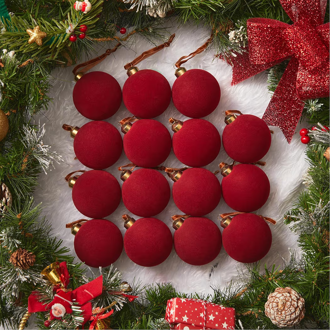 Brightown 15 Pcs Red Velvet Christmas Balls, 3.15 Inch Velvet Ornaments for Christmas Tree, Chris... | Amazon (US)