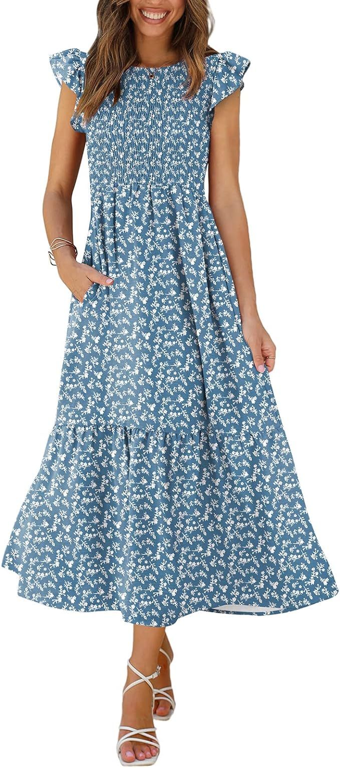 OFEEFAN Women's Casual Maxi Dresses with Pockets Ruffle Sleeve Smocked Dress XS-2XL | Amazon (US)