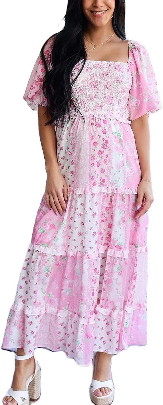 Women Floral Patchwork Maxi Dresses Puff Sleeve Square Neck Smocked Tiered Dress Flowy A Line Bea... | Amazon (US)