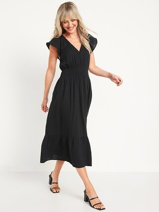 Waist-Defined Flutter-Sleeve Smocked Midi Dress for Women | Old Navy (CA)