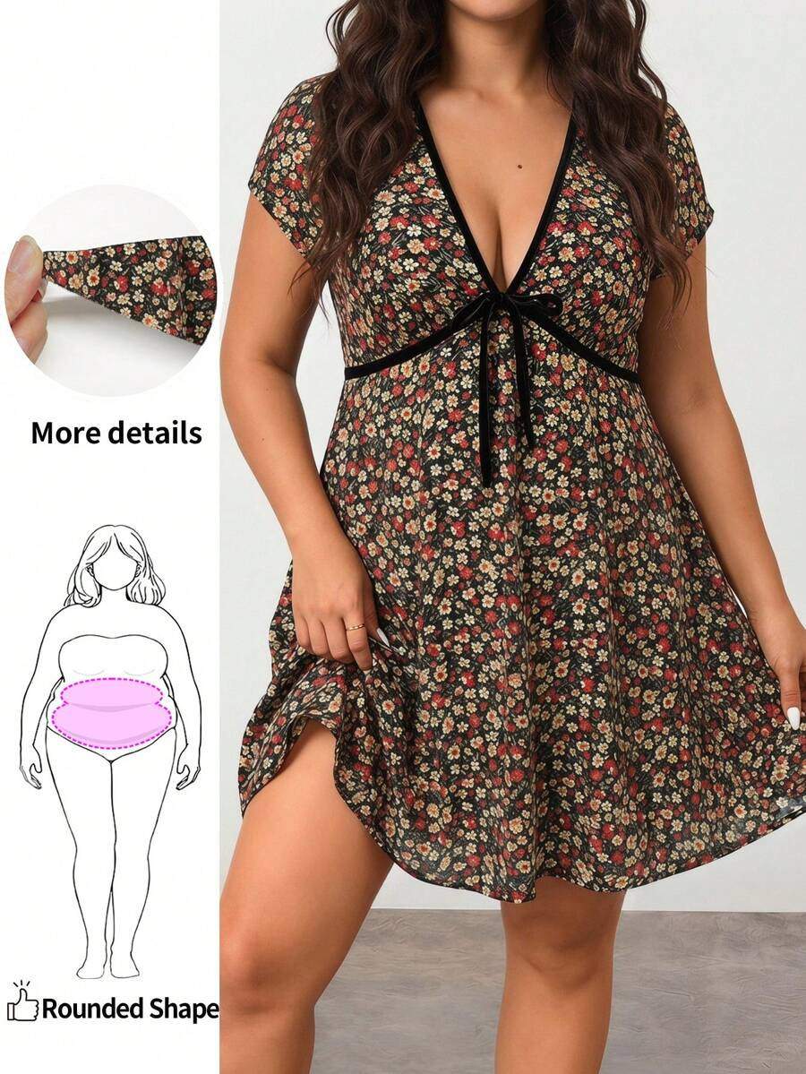 Enliva Plus-Size Retro Y2K Deep V-Neck Floral Belted A-Line Dress,Summer Black Boho Holiday Wildf... | SHEIN