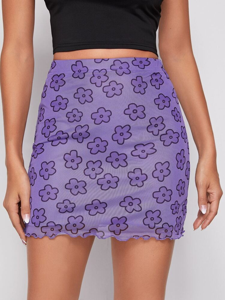 SHEIN Lettuce Trim Floral Mesh Skirt | SHEIN