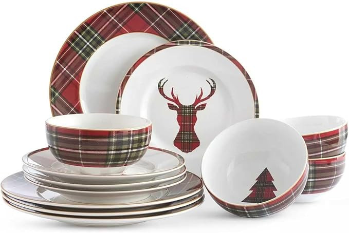 222 Fifth 12-Piece Wexford Red Porcelain Dinnerware Set – Service for 4, Plaid Design with Deep... | Amazon (US)
