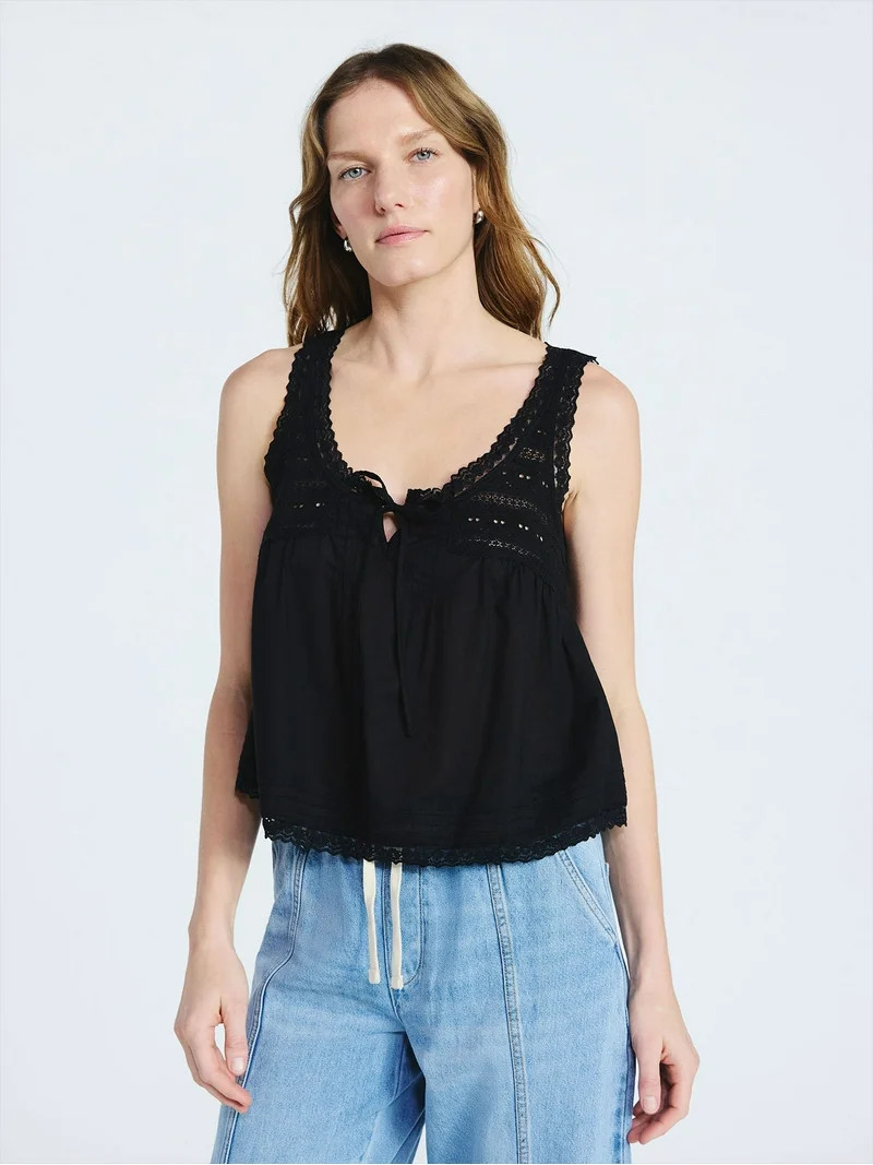 Scoop Women's and Women's Plus Flowy Cotton Tank Top with Lace Trim, Sizes XS-4X | Walmart (US)