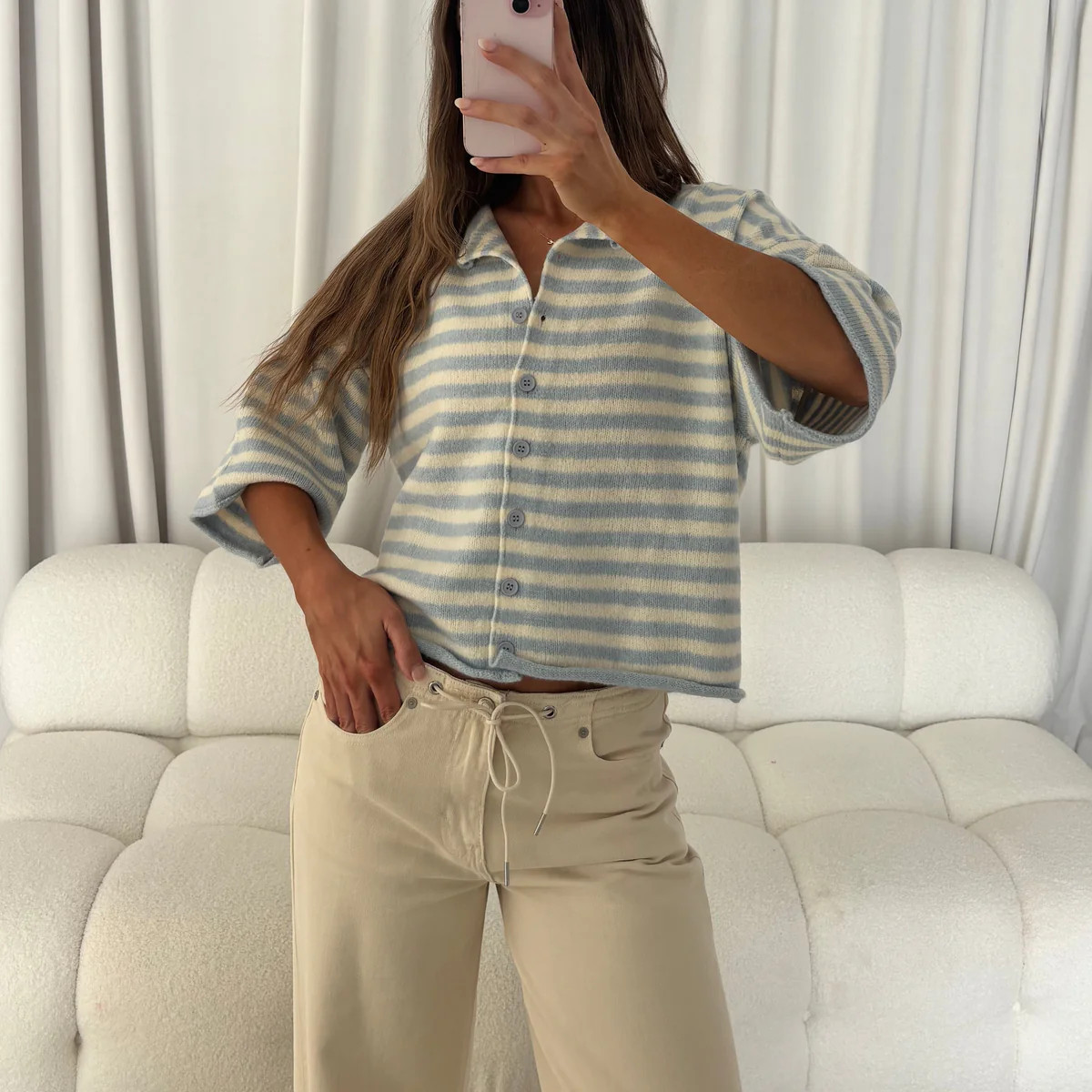 Imogen Striped 3/4 Sleeve Cardigan Top in Light Blue Ivory | Worth Collective