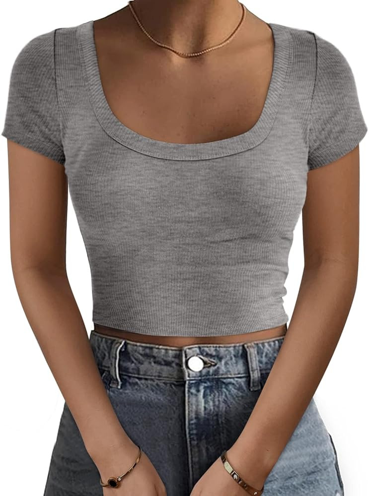 EFAN Womens Square Neck Ribbed Slim Fitted Short Sleeve Casual Basic Crop Tops Summer Trendy Clot... | Amazon (US)