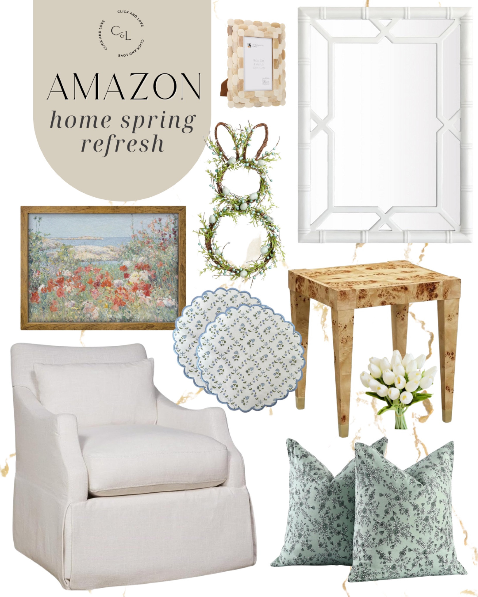 Amazon home spring refresh! How cute is this bunny wreath to add to your spring home decor? It is $40 and oh so cute! Loving these new throw pillows too!

home decor, living room, dining room, bedroom, guest room, home finds, budget friendly decor, traditional home decor, Amazon home, amazon home finds, spring refresh, spring cleaning, white bamboo mirror, accent chair, swivel chair, Easter bunny decor, picture frame, placemats, spring tablescape, block print placemat, scalloped charger, scallop placemats, budget friendly art, wall art, artwork, affordable home, Burl wood accent table, end table, side table, faux tulips, faux flowers, pillow covers #amazonhome #amazonfinds

#LTKFindsUnder50 #LTKStyleTip #LTKHome