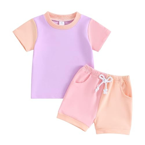 Fernvia Toddler Baby Girl Summer Clothes 3 6 9 12 18 24 Months Outfits Short Sleeve Contrast T-Shirts Tops Shorts Sets (A-Purple Yellow, 6-12 Months) | Amazon (US)
