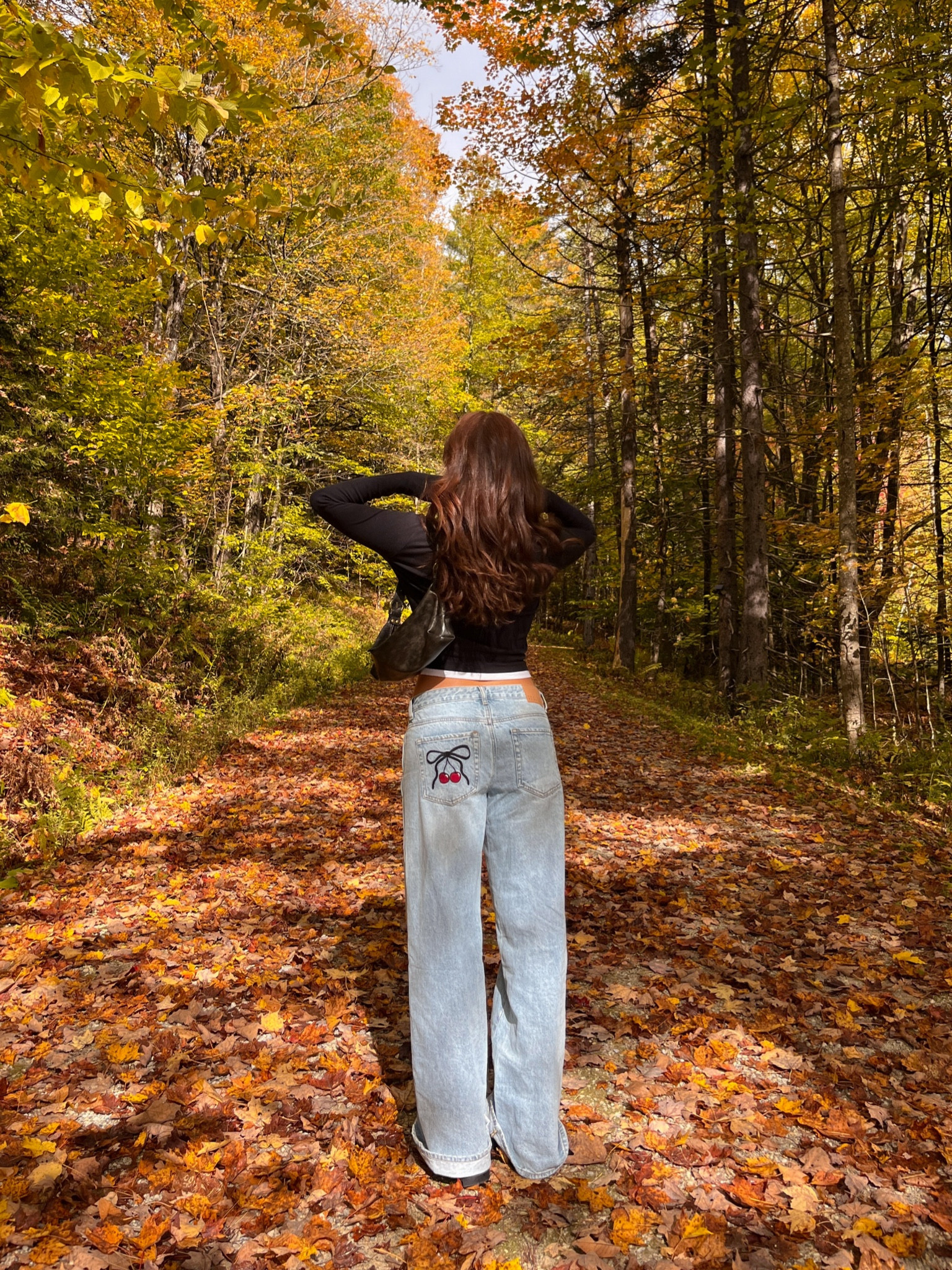 fall outfit — Cherry bow jeans and layered long sleeve 