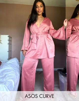 ASOS DESIGN Curve soft satin suit wide leg pants | ASOS (Global)