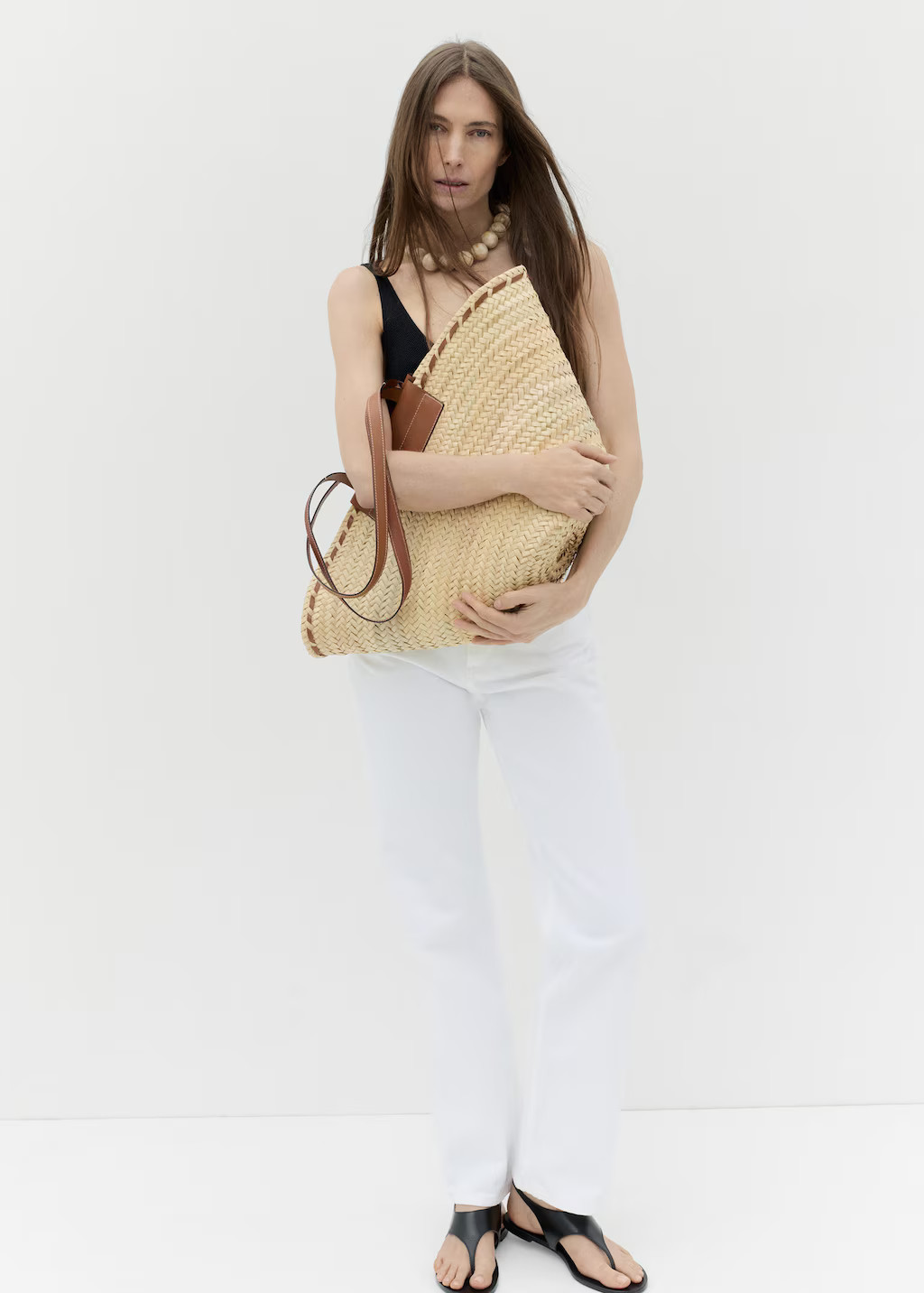 Large natural fiber basket with leather handle leather - Woman - One size - MANGO | Mango (US/MX/AU)