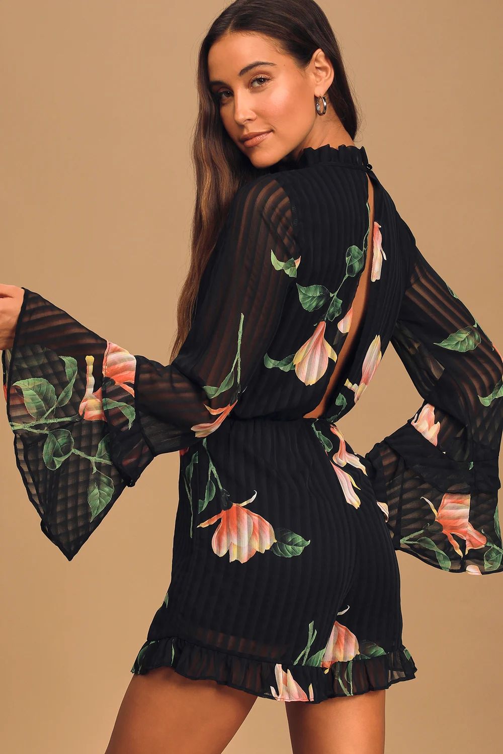 Talking Sweet Black Floral Print Long Sleeve Cutout Romper | Lulus (US)