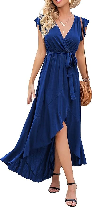 GRECERELLE Women's Summer Floral Print Cross V Neck Dress Bohemian Flowy Long Maxi Dresses | Amazon (US)