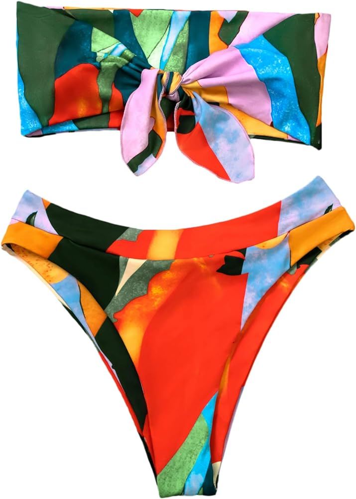 Floerns Women's Boho Two Piece High Waist Bathing Suit Bandeau Swimsuit | Amazon (US)
