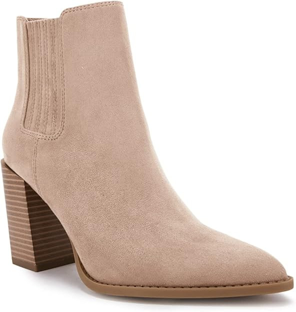 Womens Booties Pointed Toe Stacked Heel Fashion Chelsea Ankle Boots | Amazon (US)