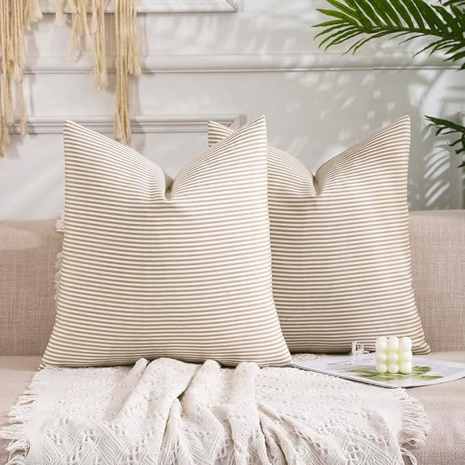 CARRIE HOME Brown Khaki Tan Striped Decorative Pillow Covers 18x18 Set of 2, Neutral Modern Farmh... | Amazon (US)
