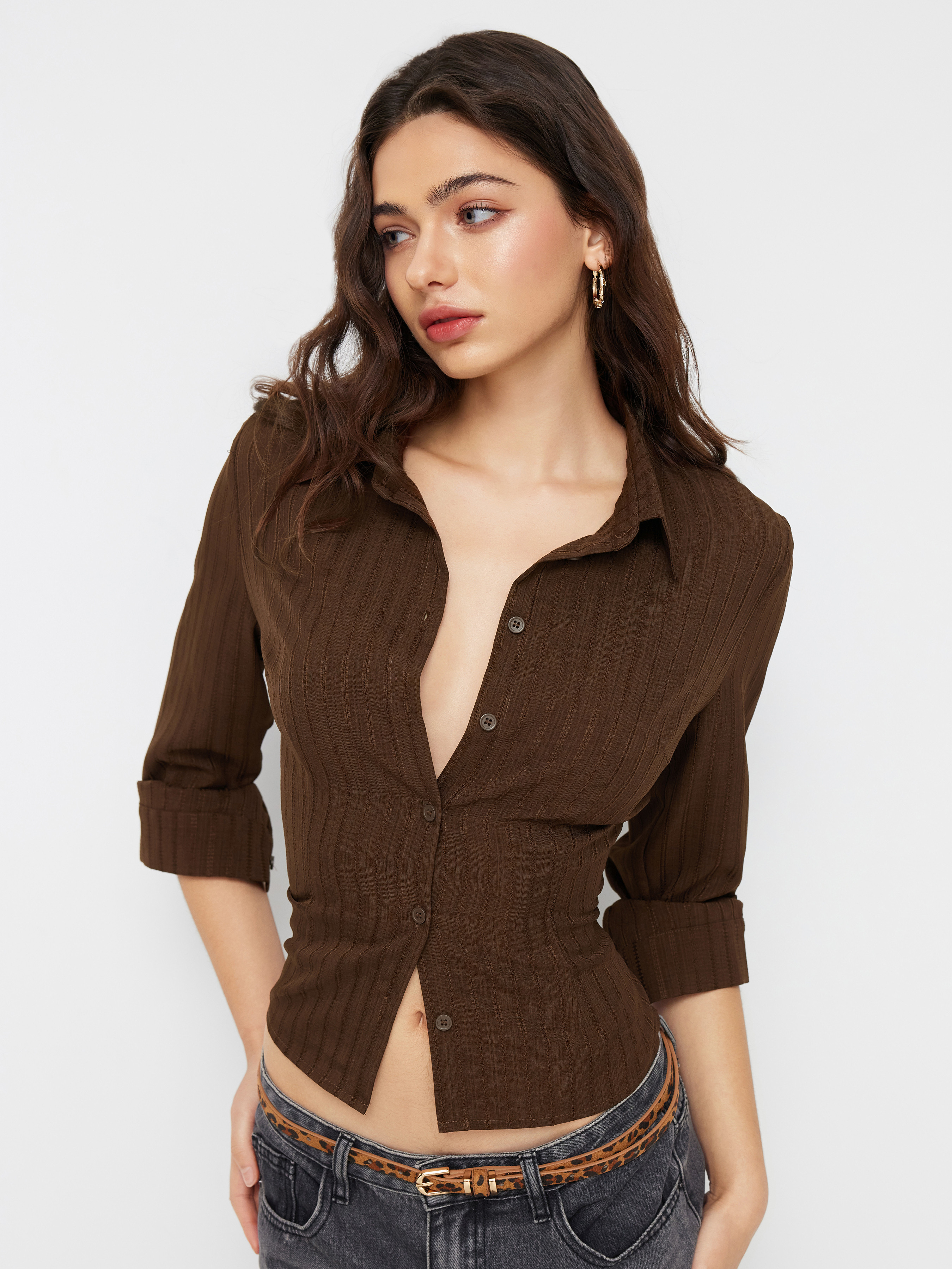 Woven Collar Texture Button Long Sleeve Shirt For Work | Cider