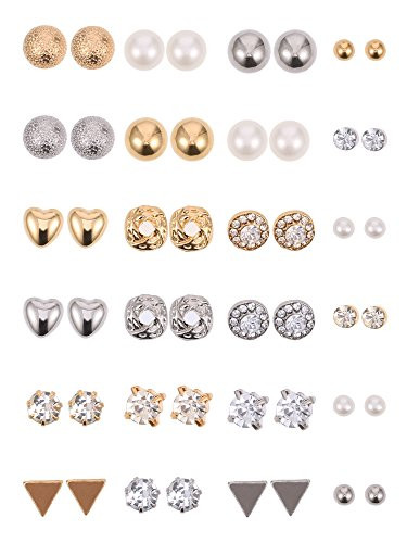 24 Pairs Stud Earrings Crystal Pearl Earring Set Ear Stud Jewelry for Girls Women Men, Silver and Gold | Amazon (US)