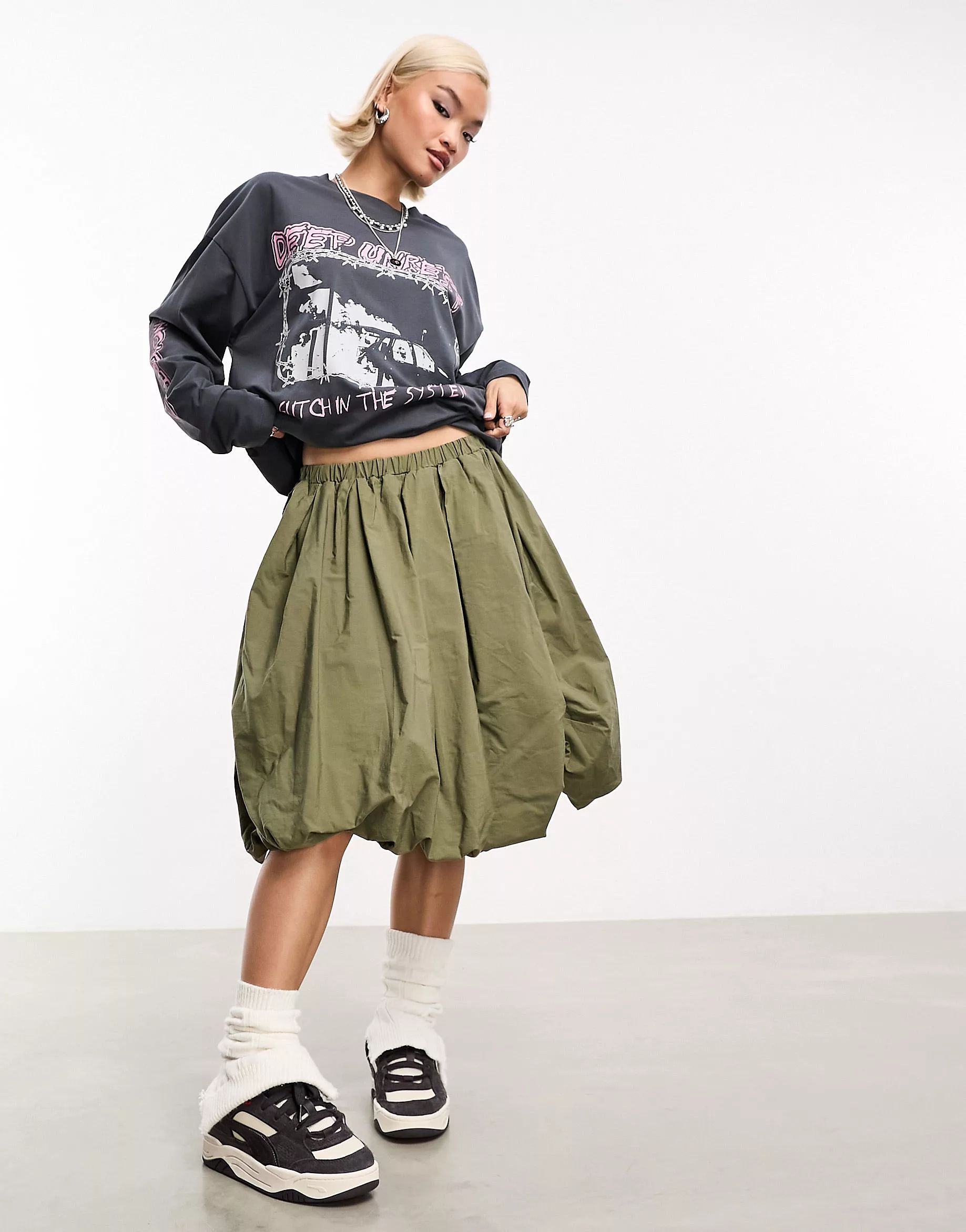COLLUSION puff ball midi skirt in khaki | ASOS (Global)