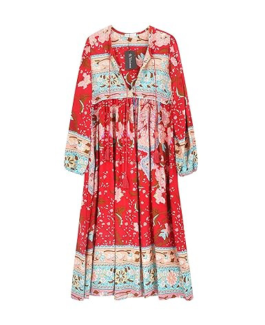 R.Vivimos Women's Long Sleeve Floral Print Retro V Neck Tassel Bohemian Midi Dresses | Amazon (US)