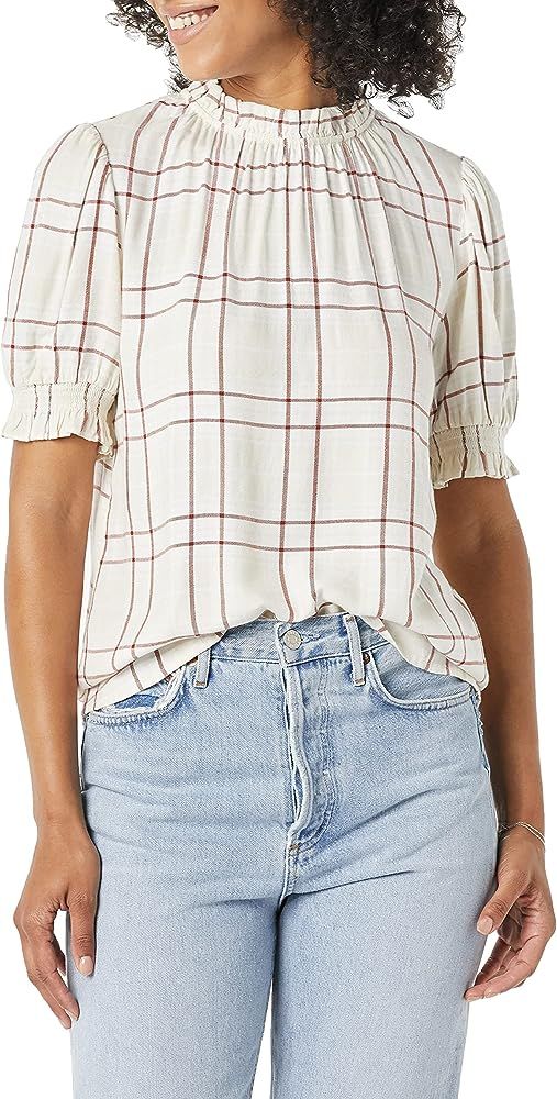 Amazon Essentials Women's Fluid Twill Short Puff Sleeve Smock Detail Shirt | Amazon (US)