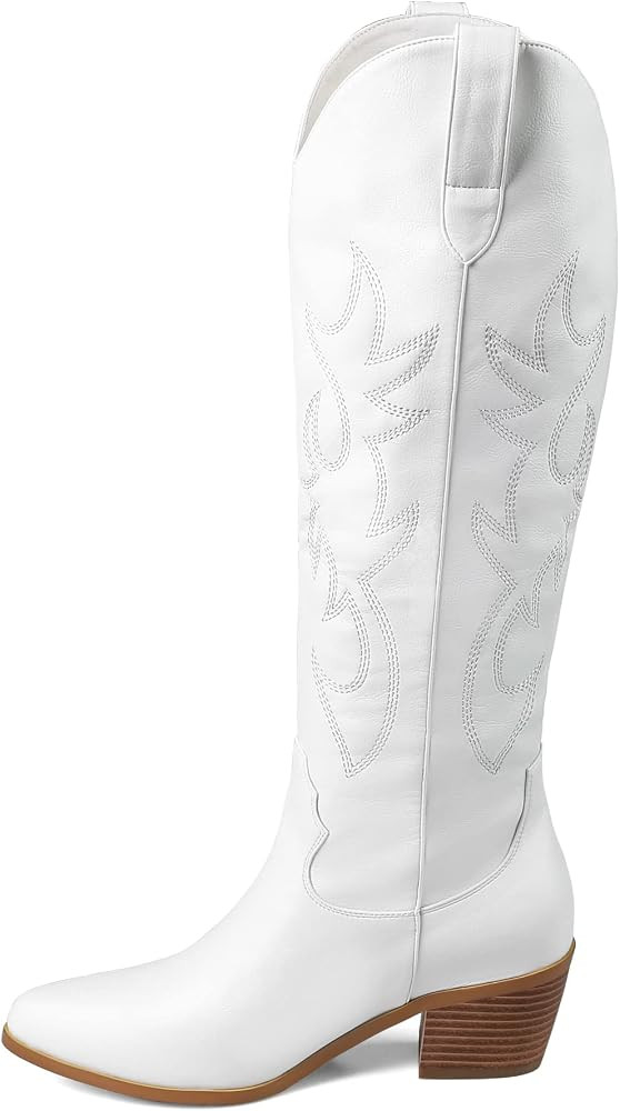 STALOV Embroidered Cowboy Boots For Women, Fashion Western Pointed Toe Chunky Heel Pull-On Knee High | Amazon (US)