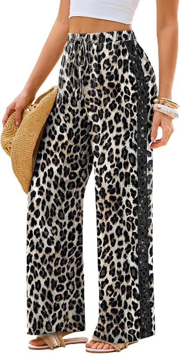 Sampeel Wide Leg Palazzo Pants for Women Flowy Lace Elastic Waist with Pockets Summer Vacation Ou... | Amazon (US)