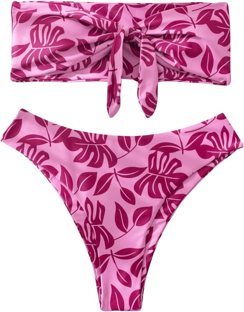 SOLY HUX Women's Bandeau Tie Front Tropical Print Bikini Set Bathing Suits 2 Piece Swimsuit | Amazon (US)