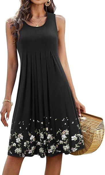 KILIG Womens Summer Dresses Floral Print Casual Soft Pleated Sleeveless Crewneck Tank Sundress Mi... | Amazon (US)