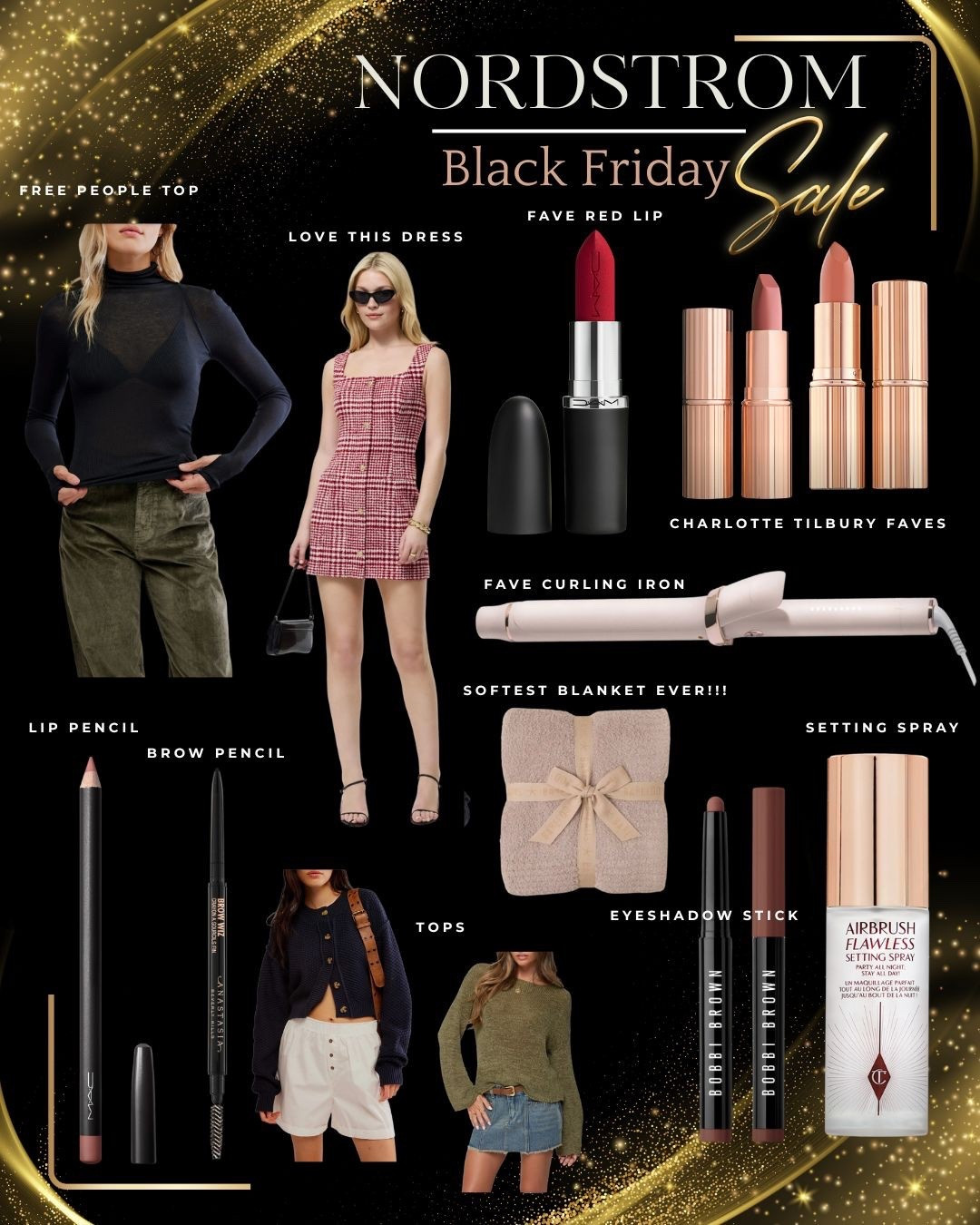 Nordstrom Black Friday sale. 
The French connection red & white dress I bought a while ago is now on sale. Love it. I got size 4 and it fits perfectly  

Barefoot dreams blanket is the softest blanket. I always have one on my couch.

Free people top is great to layer underneath clothes. 

Ordering two tops at the bottom. 

Favorite Mac red lipstick in shade, Ruby woo. It’s GORGEOUS!

Charlotte Tilbury in shades pillow, talk and pillow talk medium. They’re both gorgeous. Also linked Bitch Perfect - another fave!!!

Favorite curling iron by T3, micro 

Lip pencil by Mac and shade Boldly Bare is so pretty and versatile. 

Bobbi Brown eyeshadow sticks I have espresso and cinnamon. 

Charlotte Tilbury settings spray it helps your makeup last all day  

#LTKHoliday #LTKGiftGuide #LTKSaleAlert