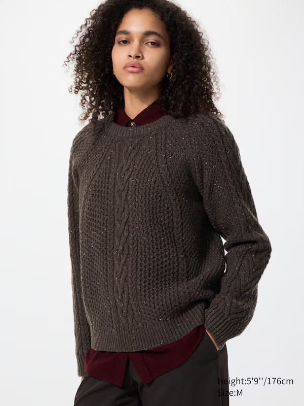 Low Gauge Cable Knit Crew Neck Jumper | UNIQLO (UK)