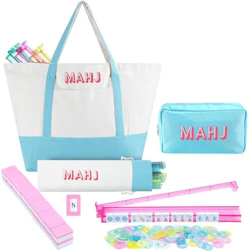 Ceenna American Mahjong Tile Set, 166 Tiles, 4 All-in-one Rack/Pushers, Complete Western Mahjong Set with Carrying Bag(Blue,Elegant) | Amazon (US)