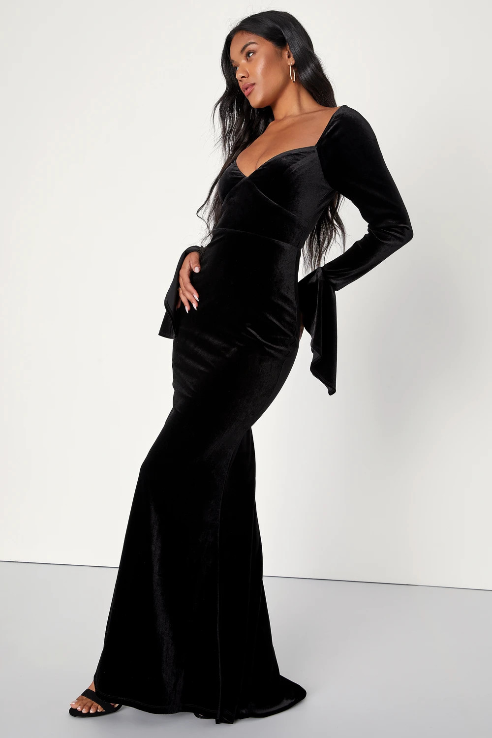 Dramatic Instincts Black Velvet Bell Sleeve Mermaid Maxi Dress | Lulus