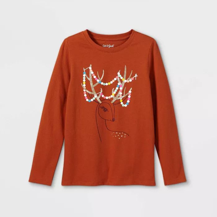 Girls' 'Festive Deer' Long Sleeve Graphic T-Shirt - Cat & Jack™ Dark Orange | Target