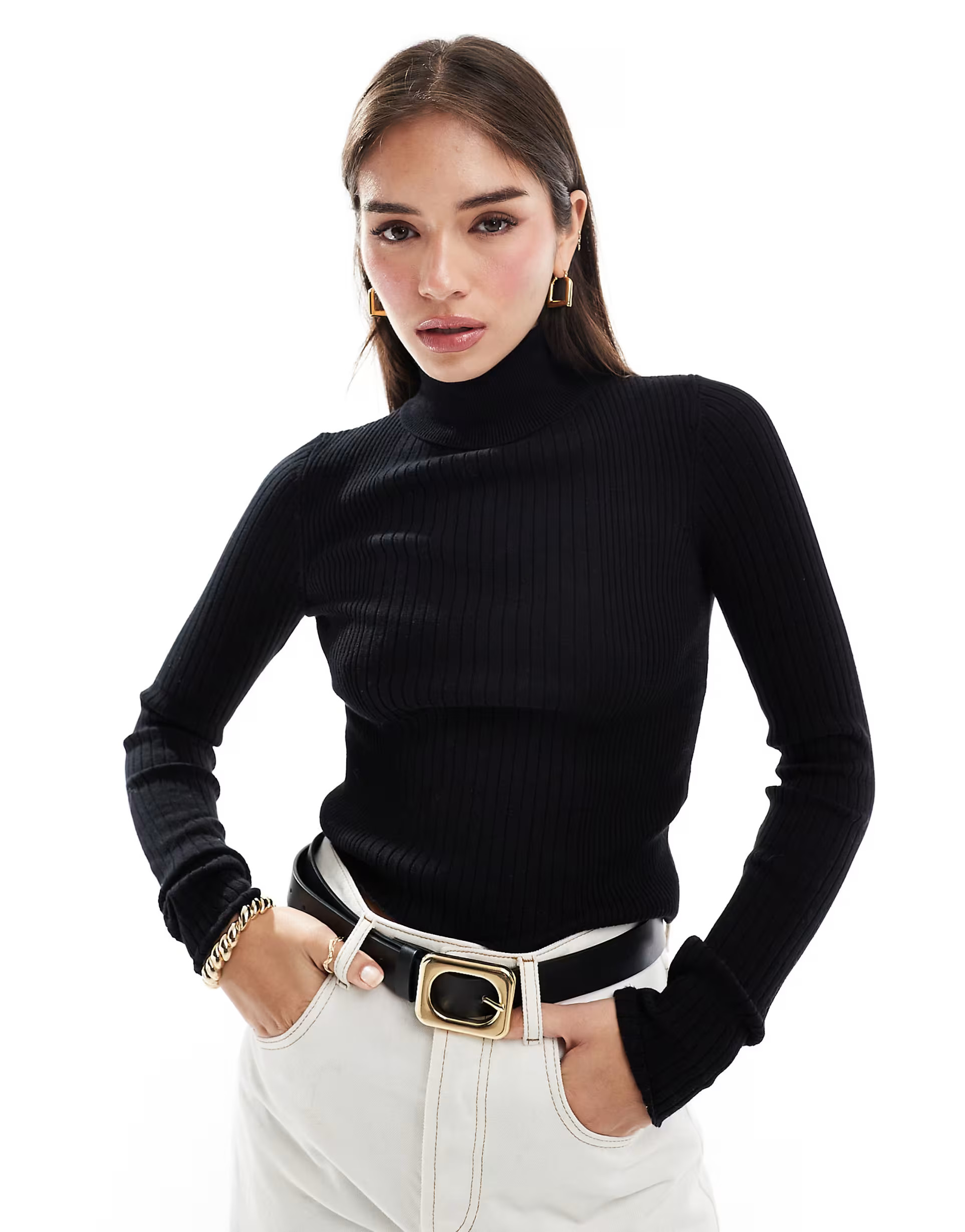 ASOS DESIGN knitted roll neck top in engineered rib in black | ASOS (Global)