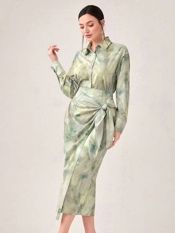 SHEIN Modely Tie Dye Drop Shoulder Shirt & Knot Side Wrap Skirt | SHEIN