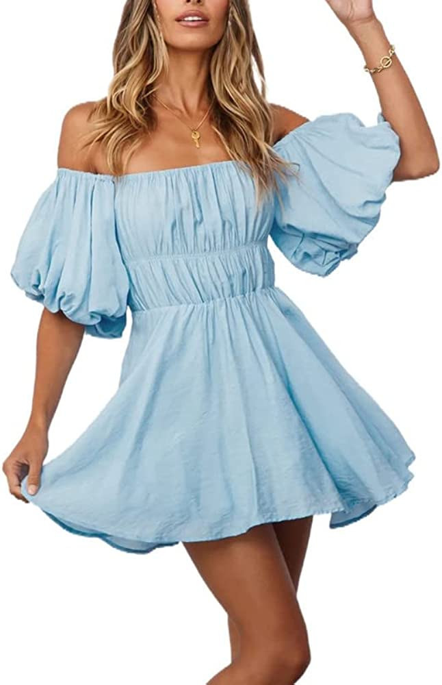 Dokotoo Womens Off Shoulder Summer Dresses Short Lantern Sleeve Ruffle Elastic Waist A-Line Casua... | Amazon (US)