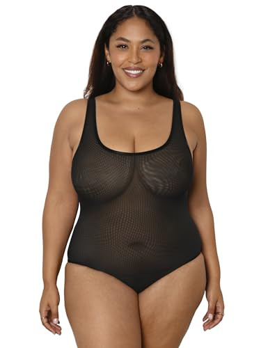 Curvy Couture Women's Plus Size Sheer Mesh Bodysuit Black Hue S | Amazon (US)