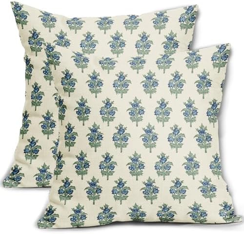 Sage Green Blue Floral Block Print Pillow Covers 18x18 Set of 2 Spring Flower Pattern Decorative ... | Amazon (US)