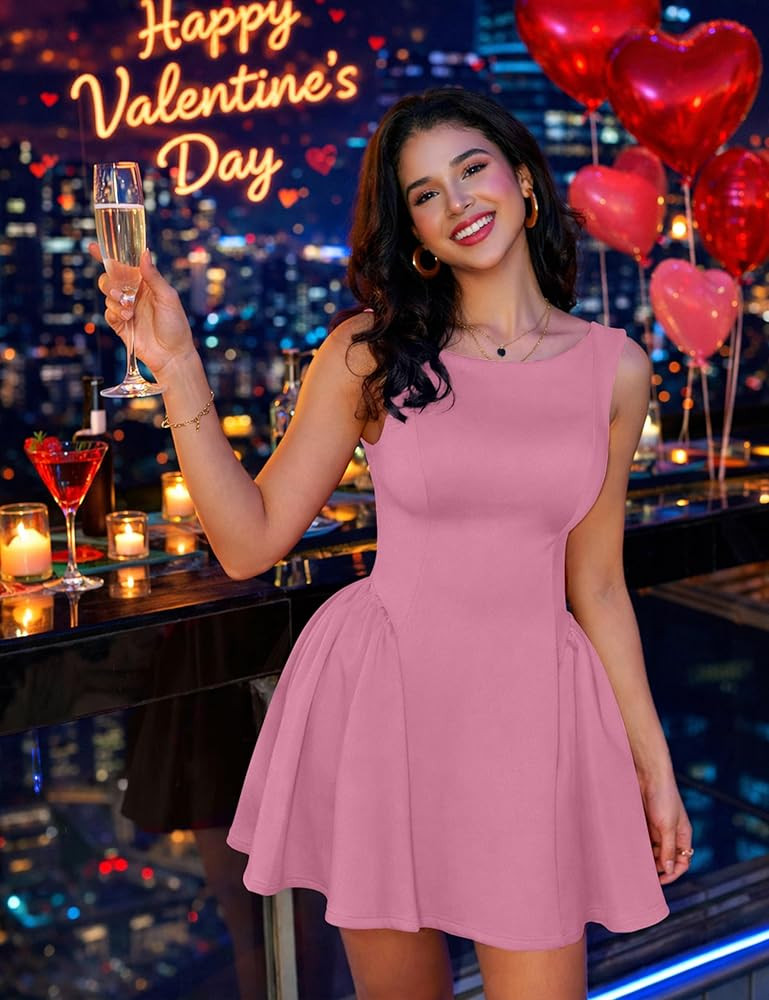 YMDUCH Women's Summer Sleeveless Crew Neck Backless A-line Mini Party Prom Dress | Amazon (US)