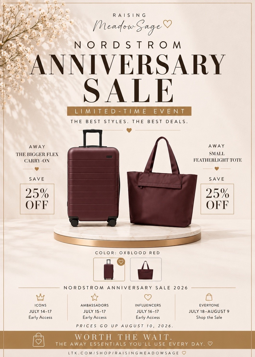 If you’ve been waiting to invest in quality luggage… this is your sign. ✈️🤎

Away almost never discounts their suitcases, which is why I always wait for the Nordstrom Anniversary Sale.

This matching Bigger Flex Carry-On + Featherlight Tote is one of those purchases you’ll use for years—not just one vacation.

✨ Why I’m obsessed:
• The Flex Carry-On expands when you somehow come home with more than you packed. 🙋🏼‍♀️
• Smooth 360° wheels that glide through airports.
• Durable hard shell that actually holds up.
• The Featherlight Tote slides perfectly over your suitcase handle and fits everything you need for the flight.
• The oxblood color is absolutely stunning for fall and feels so elevated.

You’re saving 25%, which is one of the best discounts you’ll see on Away all year. If you’ve been planning a trip, replacing old luggage, or just want a travel set that feels luxurious every time you use it… this is the time.

Trust me—future you, walking through the airport with a matching set, will be so glad you grabbed it before the sale ends. ✈️🤍

#NordstromAnniversarySale #AwayTravel #TravelEssentials #CarryOn #TravelStyle

#LTKTravel