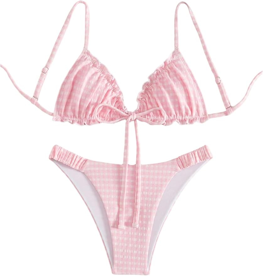 Women's 2 Piece Gingham Bikini Sets Tie Front Frill Bathing Suit Set Wireless Padded Swimsuit | Amazon (US)