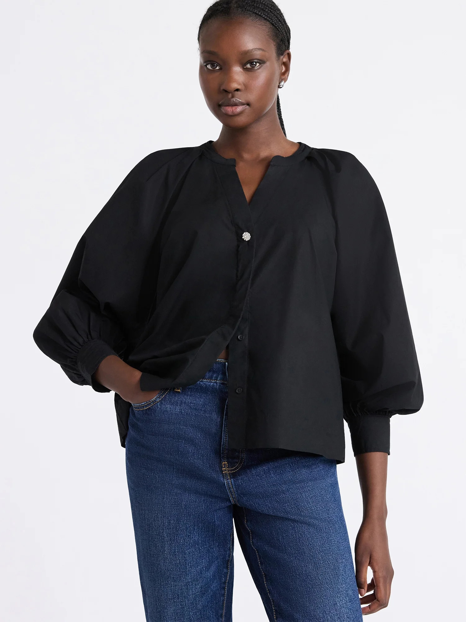 Free Assembly Women's and Women's Plus Cotton Pleat Neck Shirt with Long Sleeves, Sizes XS-4X - W... | Walmart (US)