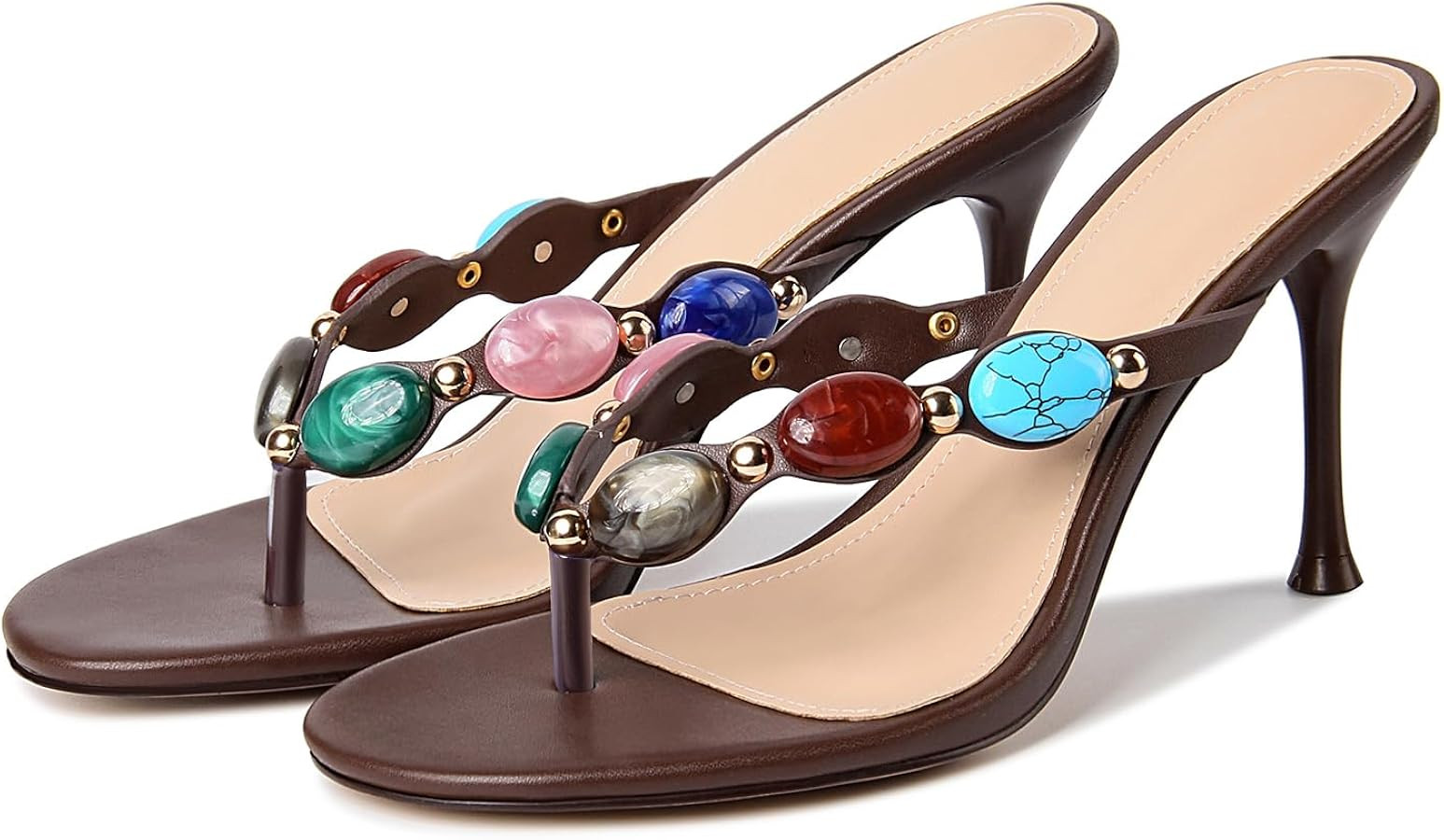DREAMSTORY Womens Jeweled Heeled Sandals Beaded Flip Flop Summer Thong Heel | Amazon (US)