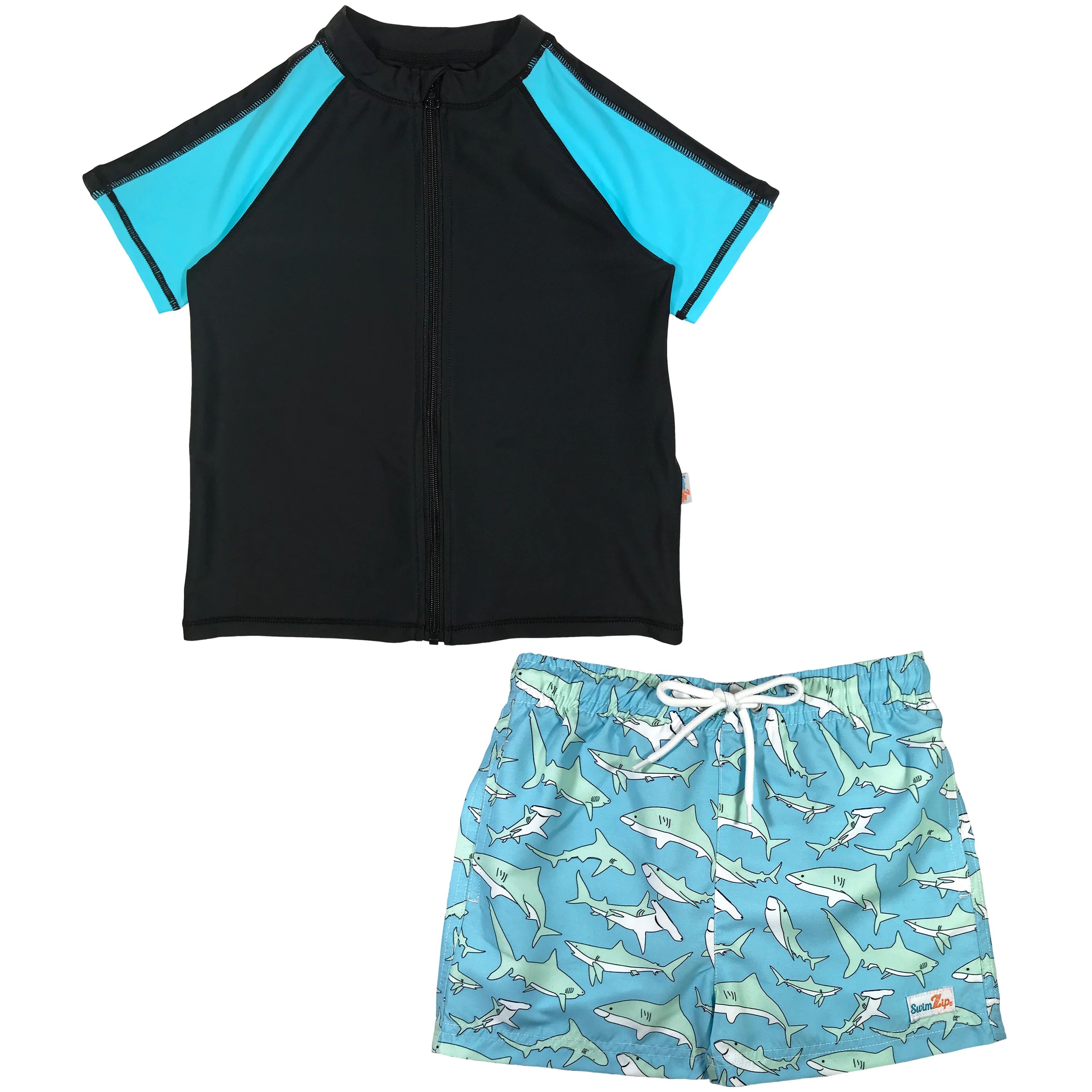 Boy's Short Sleeve Rash Guard Swimsuit Set & Board Shorts - "Deep Blue Sharks" | SwimZip