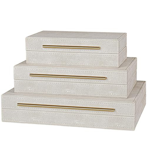 Elegant Set of 3 Ivory Shagreen Decorative Boxes with Velvet Lining and Golden Handles - Versatile Home Decor and Jewelry Organizer | Amazon (US)